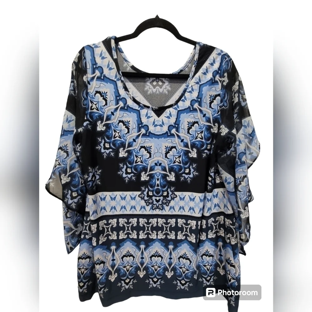 XL Navy Blue Sheer Flowy Sleeve V Neck Tunic Paisley Geometric - Picture 2 of 7